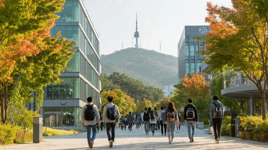 International students on a university campus in Seoul pursuing scholarship opportunities.