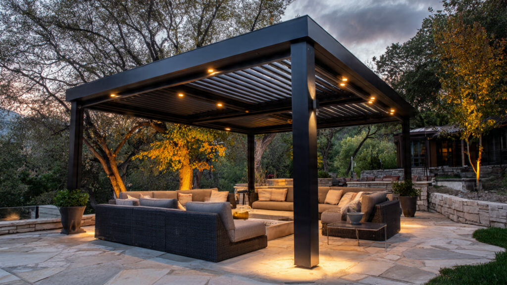 Modern Pergolas Combining Style And Practical Use A modern louvered pergola providing shade for a stylish outdoor living area.