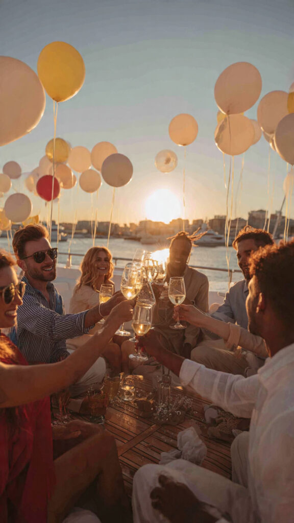 Friends celebrating a birthday on a luxury yacht deck at sunset with festive decorations and champagne.