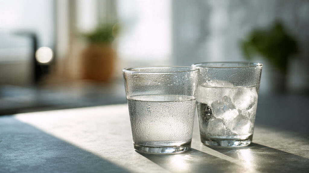 Two glasses of water on a kitchen counter, one steaming warm and one cold with ice cubes and condensation, showing hot vs. cold water comparison.