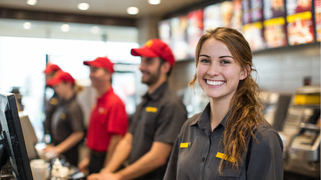 A bright modern McDonald’s restaurant interior with diverse employees wearing uniforms, smiling.