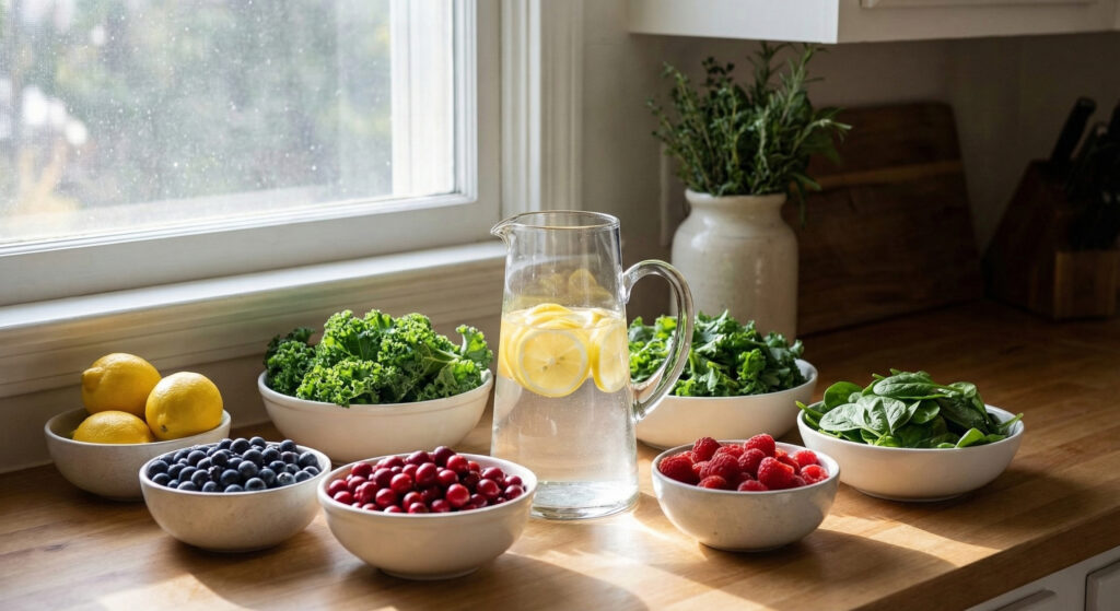 A glass of lemon water surrounded by super fruits and vegetables used for a natural detox and home remedy routine.