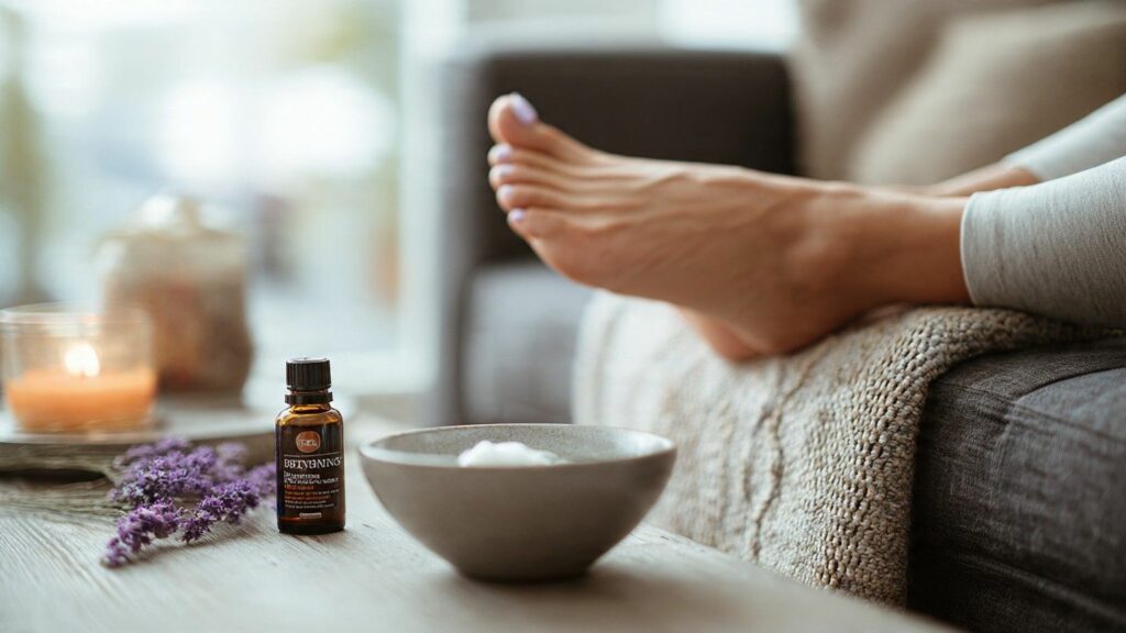 How To Ease Neuropathic Foot Discomfort A Complete Guide A peaceful image of a person sitting comfortably on a sofa, gently massaging their foot with a soothing cream, with a warm foot bath and a bottle of B-vitamins visible on a nearby table.