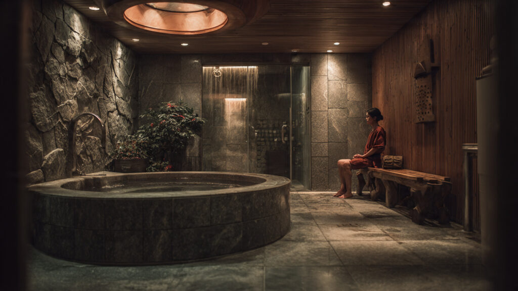 A serene Korean spa interior featuring a large stone soaking tub, a person in a traditional spa uniform relaxing in a clay sauna, and the textured mitts used for scrubs.