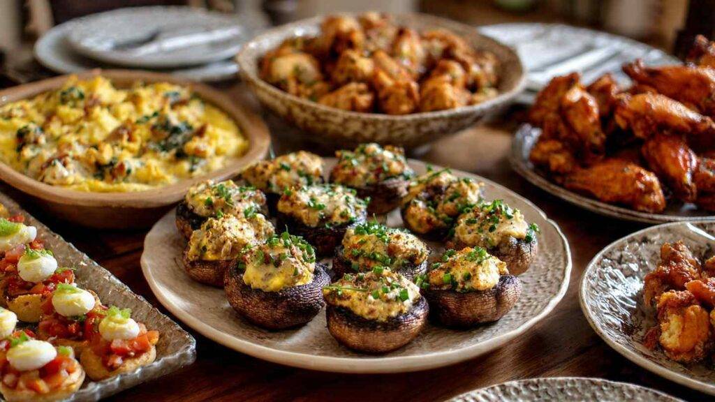 10 Perfect Appetizers To Start Your Sunday Dinner A Sunday dinner table with a variety of appetizers including stuffed mushrooms, deviled eggs, bruschetta, and chicken wings arranged neatly
