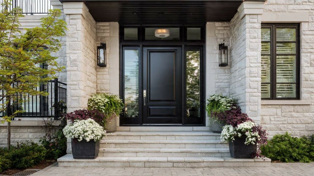 A Complete Guide To Choosing The Perfect Front Door A wide-angle shot of a beautiful modern home with a high-end black composite front door, featuring sleek hardware and large glass sidelights in an inviting entry.
