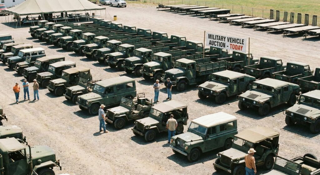 A row of decommissioned olive-green transport trucks parked at an outdoor lot during a military vehicle auction.