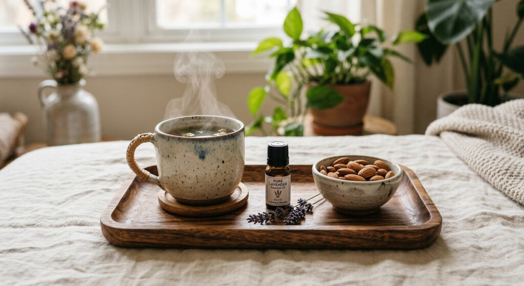 Natural Remedies Guide Ideas For Maintaining Calmer Nerves Natural remedies for anxiety featuring herbal tea and essential oils for nerve calm.