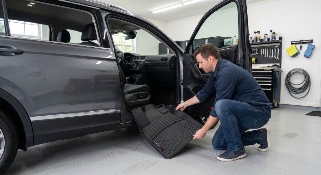 Keep Your Car Clean Interior Protection Tips That Work A person installing a black heavy-duty floor mat into the clean driver's side footwell of a modern car.