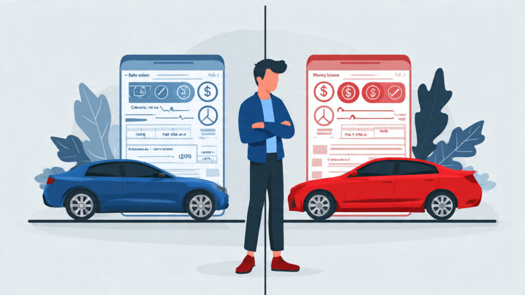 A clean split-scene illustration showing a new car buyer comparing two options: one side labeled auto loan with ownership icons and a payoff timeline, the other side showing a lease with monthly payments and mileage limits. Neutral background, no text overlays.