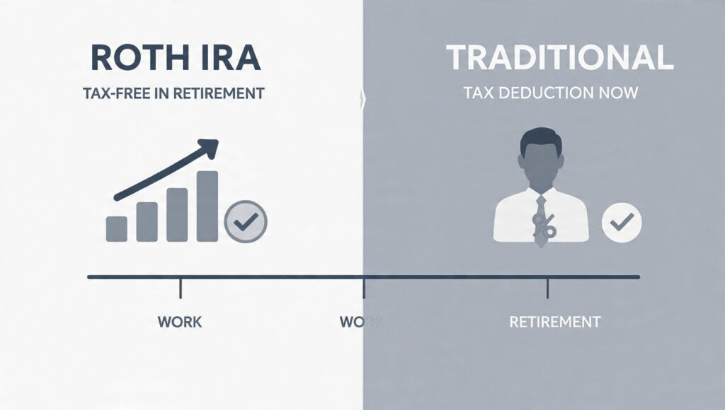 Comparison of Roth IRA vs Traditional IRA showing tax timing and retirement withdrawal differences.