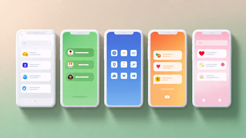 A clean, text-free comparison graphic showing smartphone screens of BetterHelp, Talkspace, and other online therapy apps with icons representing messaging, video calls, and affordability. Neutral, modern design.