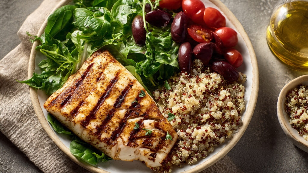  A clean, text-free image of a diabetes-friendly plate showing grilled fish, leafy greens, quinoa, and healthy fats arranged visually. Neutral lighting, realistic style.
