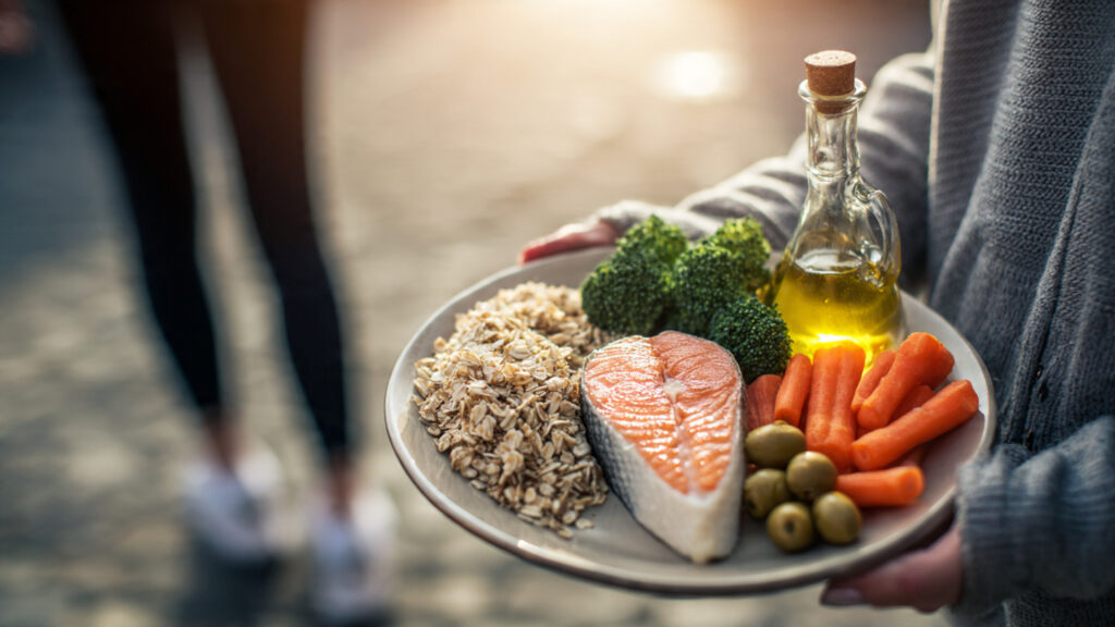 A clean, text-free image showing a heart-healthy lifestyle: a plate with oats, fish, vegetables, olive oil, and a person walking outdoors. Natural lighting, realistic style.