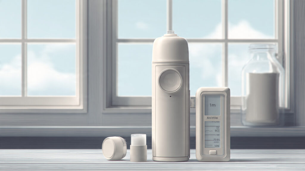 A clean, text-free image showing an asthma inhaler, peak flow meter, and a calm home setting with open windows and clean air. Realistic style, neutral lighting.