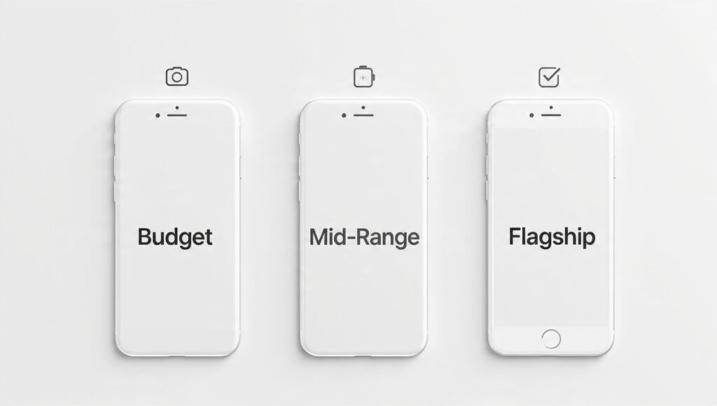 Smartphone buying guide 2025 showing budget, mid-range, and flagship phones with key features and specs