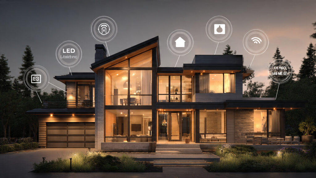 Energy-saving home illustration showing smart thermostat, LED lighting, and efficient appliances to lower electricity bills.
