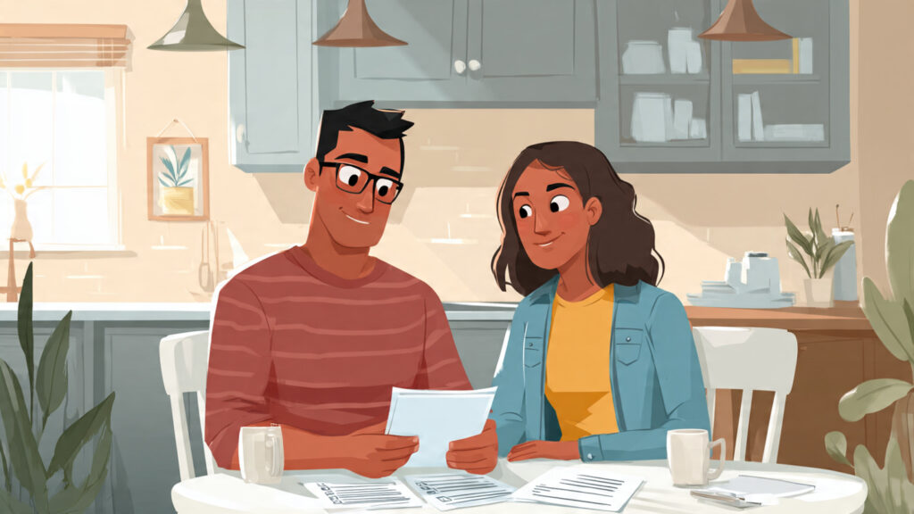 A realistic illustration of a first-time home buyer couple reviewing mortgage documents at a kitchen table, with visual cues for loans, down payments, and qualification checklists. Neutral lighting, no text overlays.