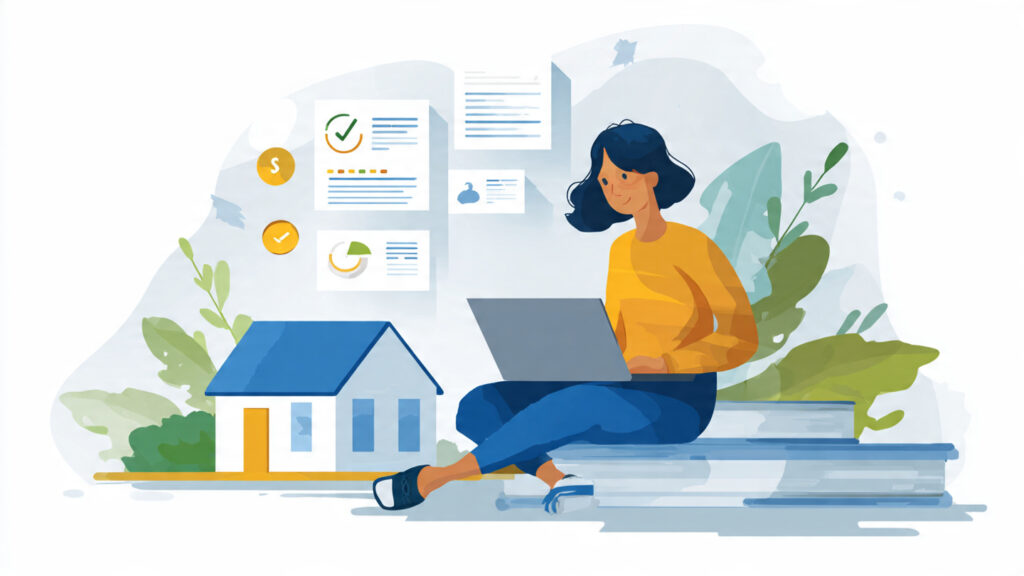 A realistic illustration of a home buyer reviewing mortgage documents on a laptop, with visual cues for credit score, income verification, and timeline steps. Clean, professional style with no text overlays.