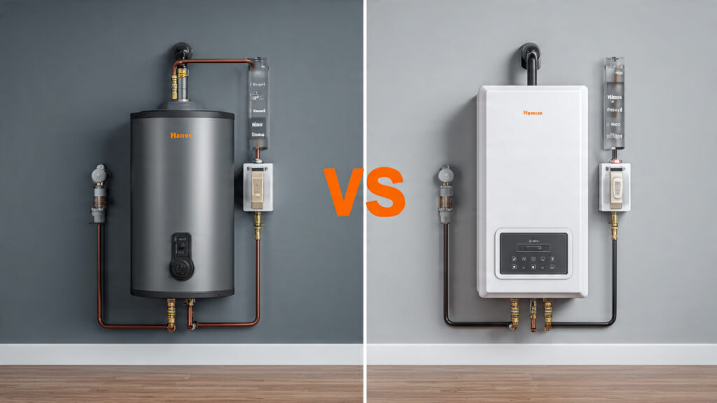 Comparison of tank vs tankless water heater with cost and installation differences.