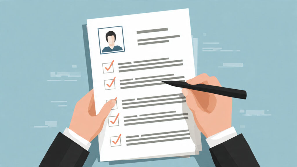 Text-free illustration of a clean resume being scanned by an applicant tracking system, with checkmarks appearing next to skills and keywords.
