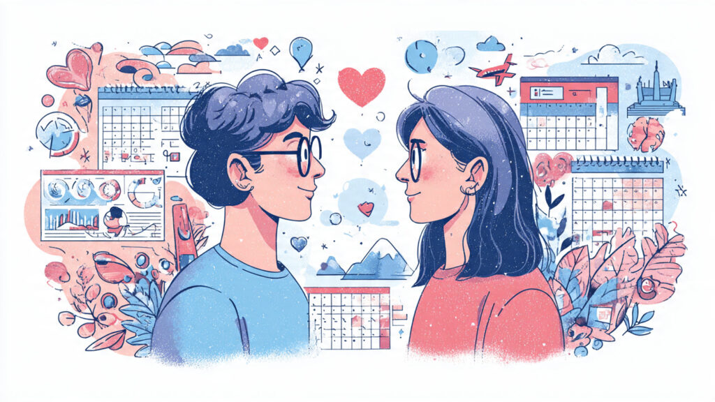 Text-free illustration showing a couple connected by video call with calendars, travel icons, and heart symbols subtly integrated.
