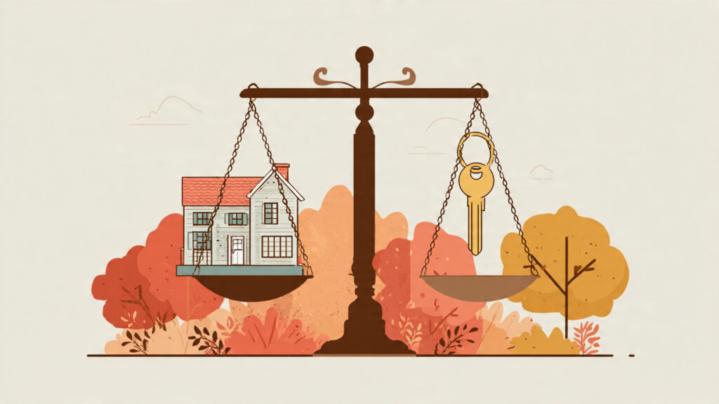 The Long Term Cost Of Buying Vs Renting Revisited Text-free illustration showing a long-term cost scale balancing a house on one side and rental keys with investment growth on the other.