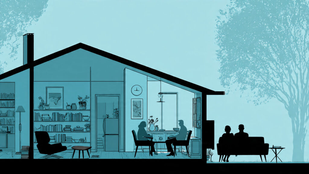 Why New Homes Feel Smaller Despite Higher Prices Text-free illustration showing a modern compact home interior with tight rooms contrasted against an older, more spacious layout silhouette in the background.