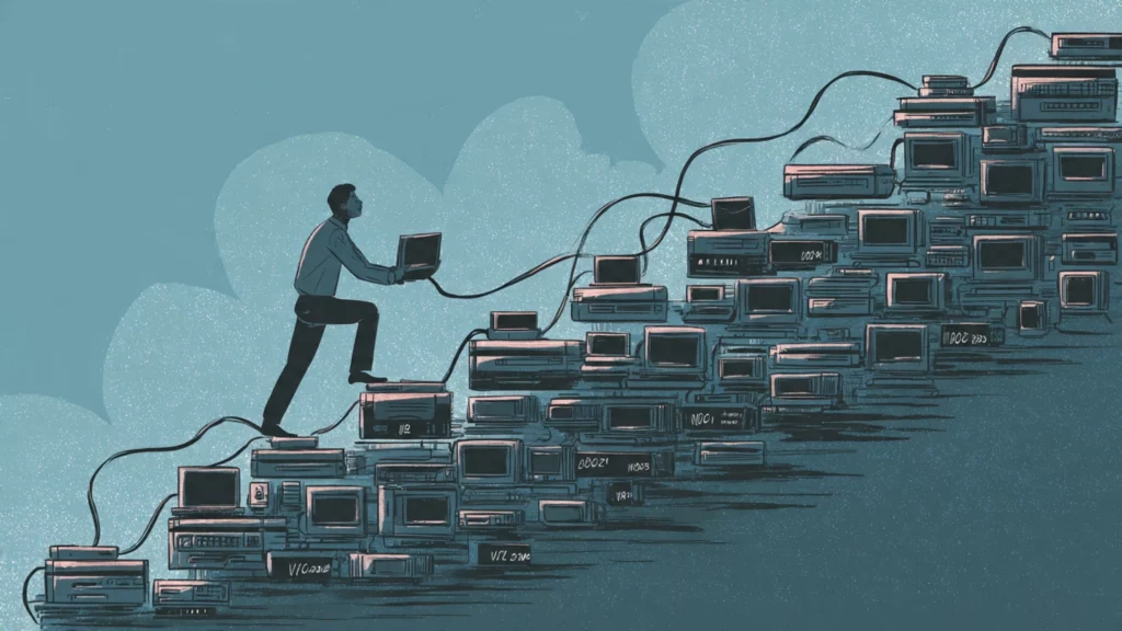 Text-free illustration showing a person climbing an endless staircase of devices, each labeled with newer versions, symbolizing the psychological drive to keep upgrading.