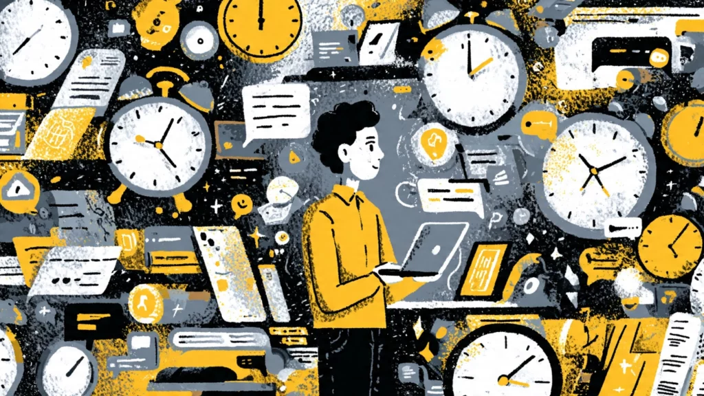 Text-free illustration showing a person surrounded by clocks, notifications, and digital devices pulling time away, symbolizing perceived time scarcity in a tech-heavy world.
