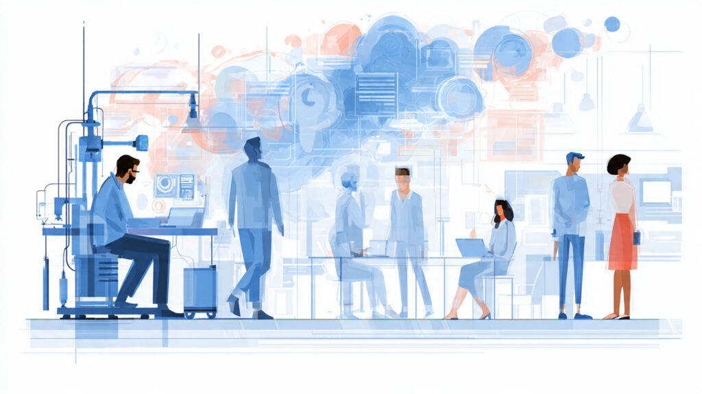 Text-free illustration showing a skilled technician working on physical equipment in the foreground while office workers fade into abstract digital screens in the background.
