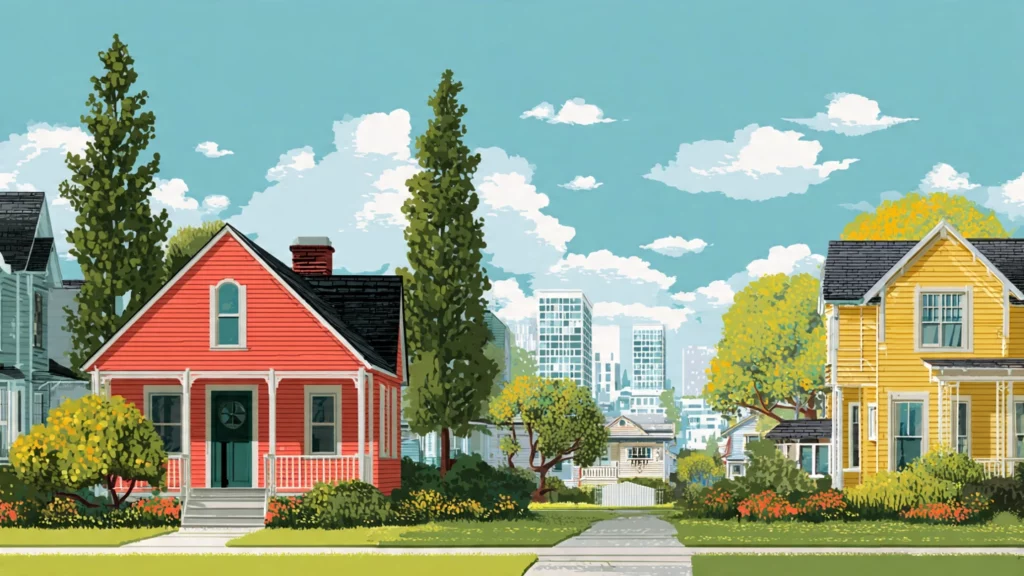 Text-free illustration showing a small home in a vibrant, walkable neighborhood outperforming a large home isolated in a distant suburb.