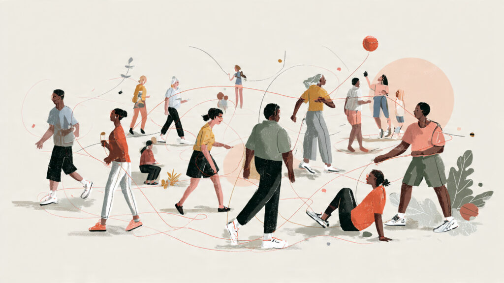 Text-free illustration showing adults connecting through shared activities like walking, fitness classes, and group hobbies in a relaxed setting.
