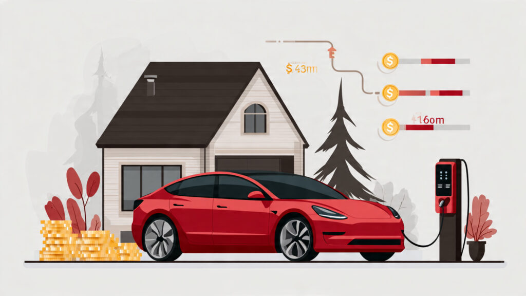 Electric Vehicle Buying Guide Range Charging Tax Credits And Total Cost Text-free illustration showing an electric car connected to a home charger, with range indicators and cost comparison icons.