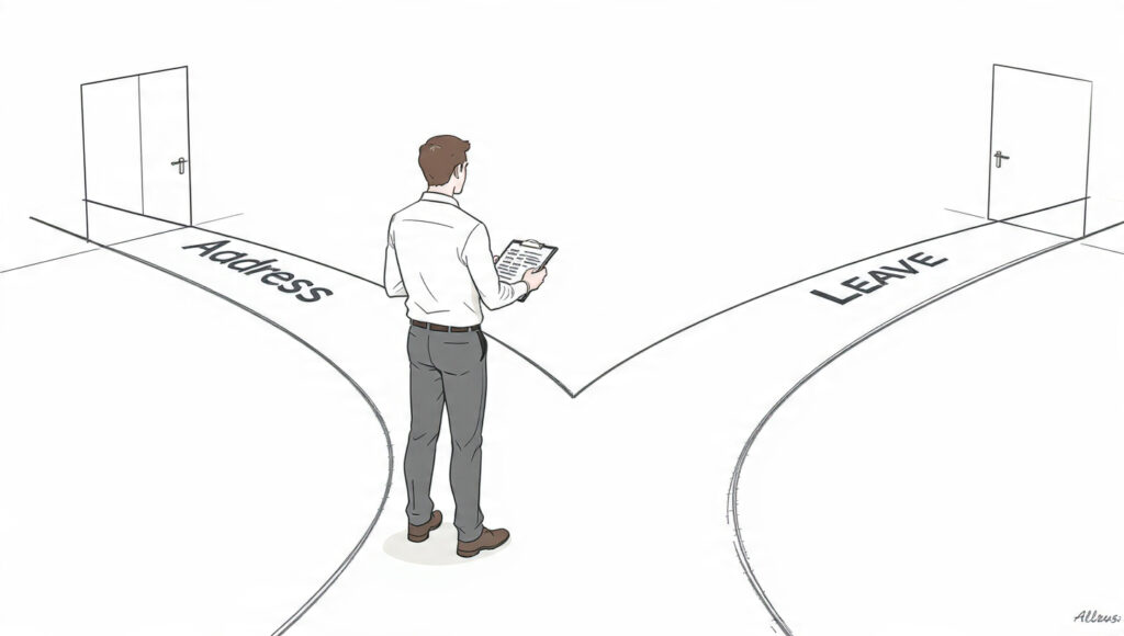 How To Deal With A Toxic Boss Strategies Documentation And When To Leave Text-free illustration showing an employee documenting workplace issues while standing at a crossroads labeled “Address” and “Leave.”