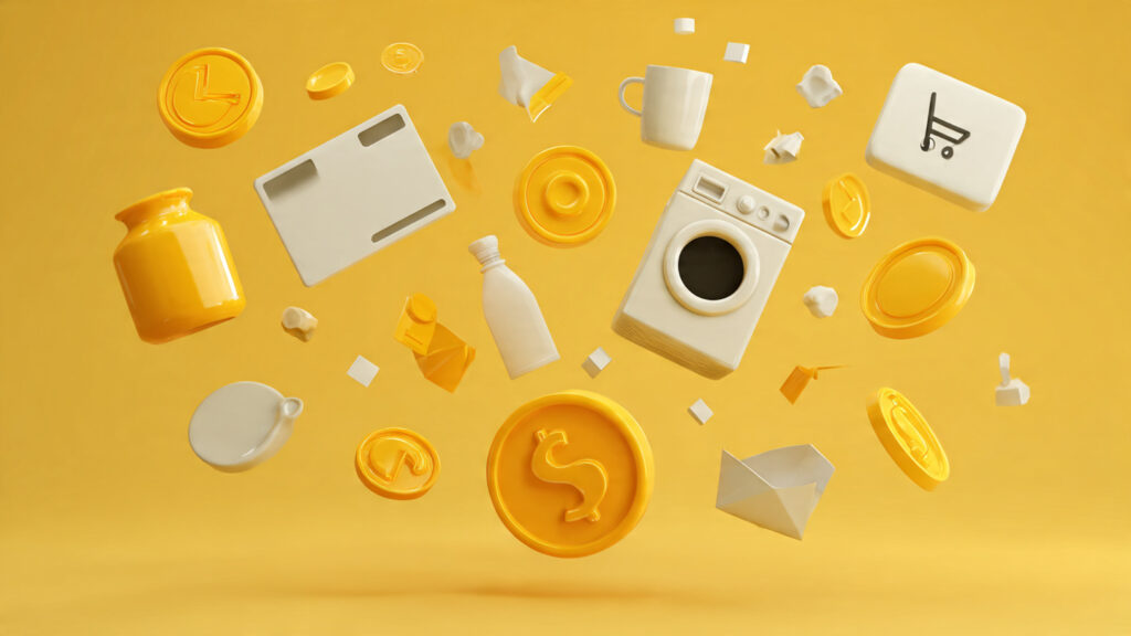 Text-free illustration showing physical objects dissolving into subscription icons and recurring payment symbols, representing ownership turning into access.