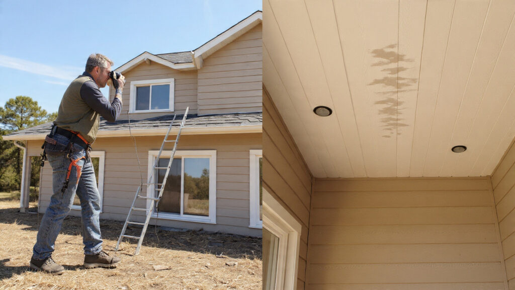 How To Identify Roof Damage Inspection Checklist And Repair Timeline Text-free image showing a homeowner inspecting a roof with binoculars from the ground, paired with a second view of interior ceiling water stains.