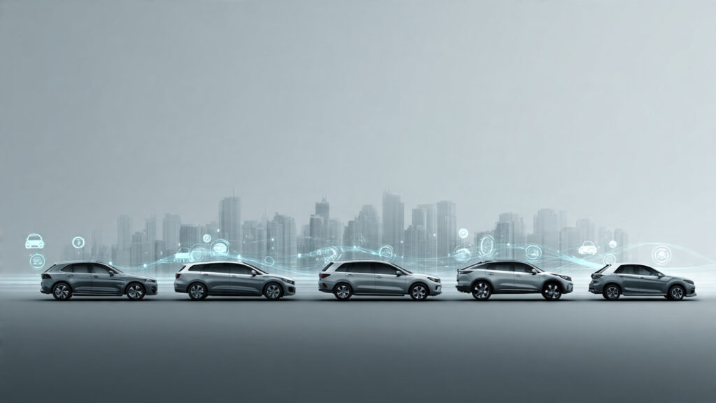 Text-free image showing a lineup of modern vehicles fading from sedans to SUVs, with emissions icons influencing which cars remain visible.

