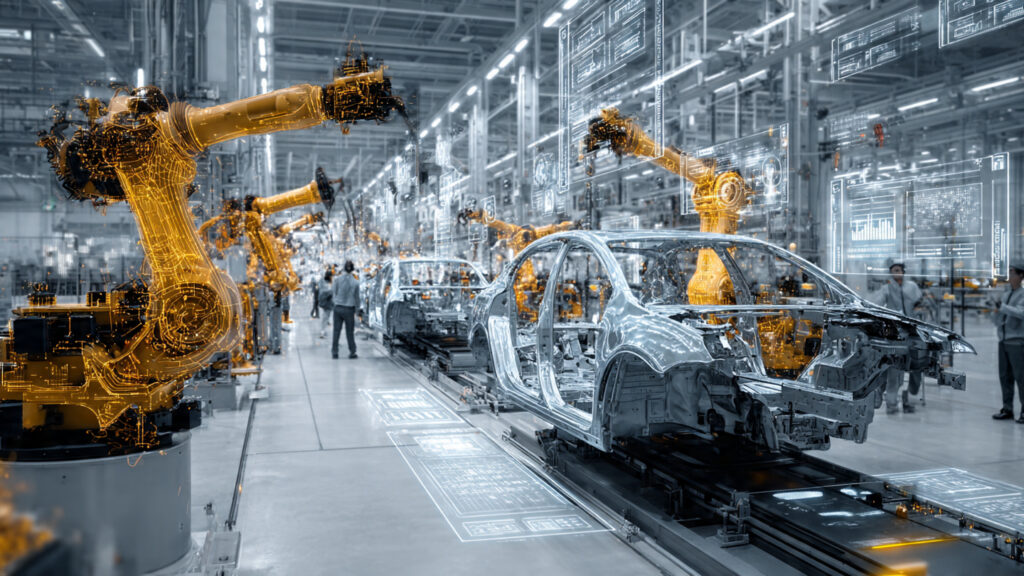 Text-free image showing a modern automotive factory with robots and software interfaces overlaying workers, symbolizing rapid job evolution versus stable vehicle designs.