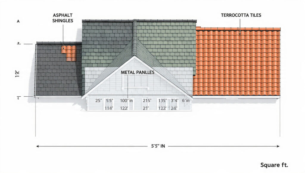 Text-free image showing a residential home roof with labeled material sections (asphalt, metal, tile) and a measuring overlay indicating roof size.