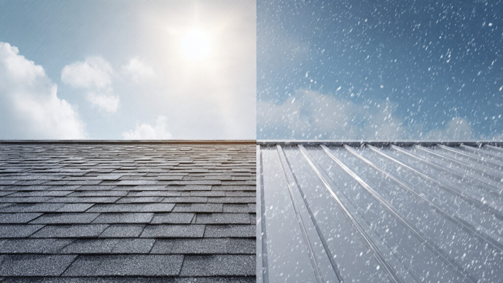 Text-free image showing a split roof comparison: asphalt shingles on one side and metal roofing panels on the other, under different weather conditions (sun, snow, rain).