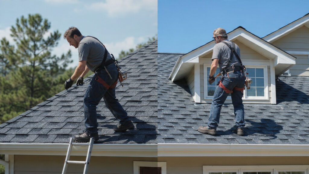 Text-free image showing a split scene: one side a homeowner cleaning gutters with a ladder, the other a professional using safety harnesses on a two-story home.