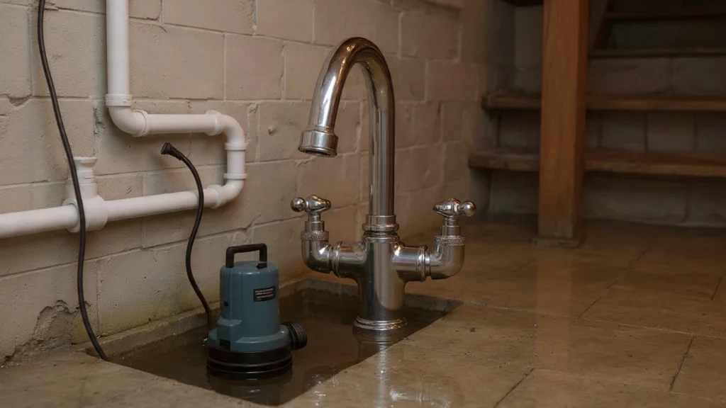Text-free image showing a sump pump installed in a basement pit with discharge piping exiting the foundation wall, alongside a dry basement floor after heavy rain.