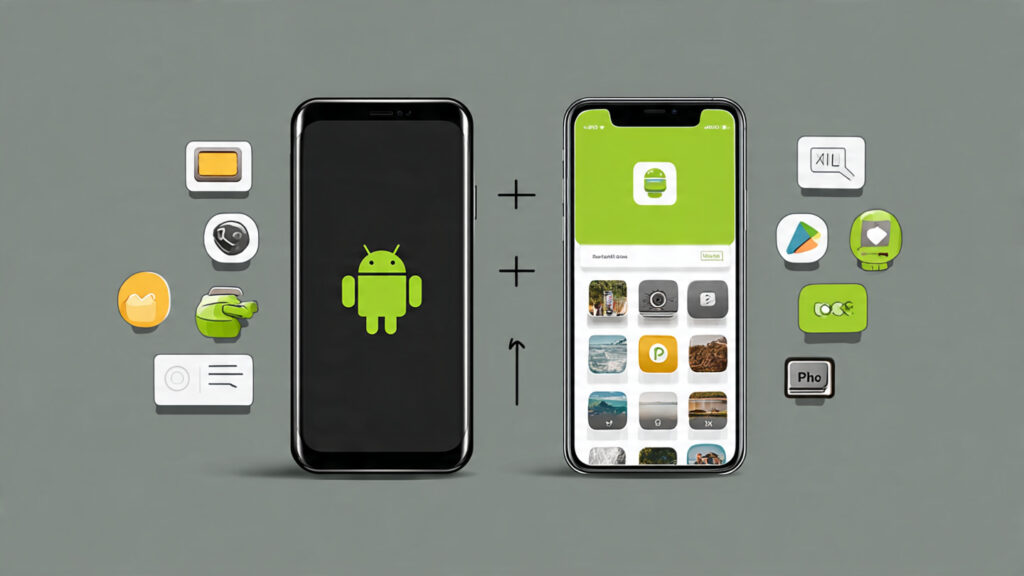 Text-free image showing an Android phone and an iPhone side-by-side with arrows indicating data transfer, icons representing contacts, messages, photos, and apps.