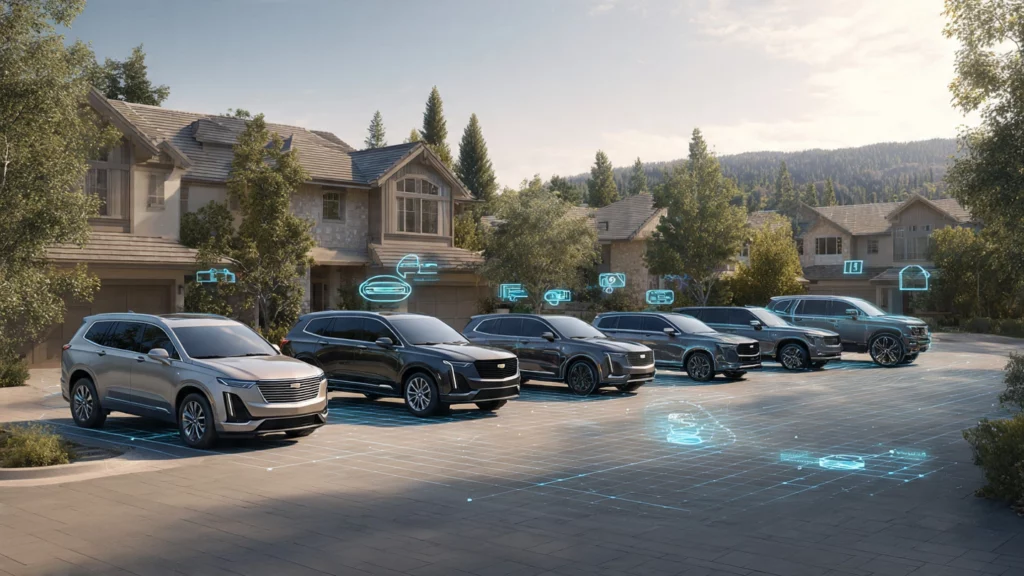 Text-free lineup of multiple 2025 budget SUVs parked in a suburban setting, with visual emphasis on safety technology icons.
