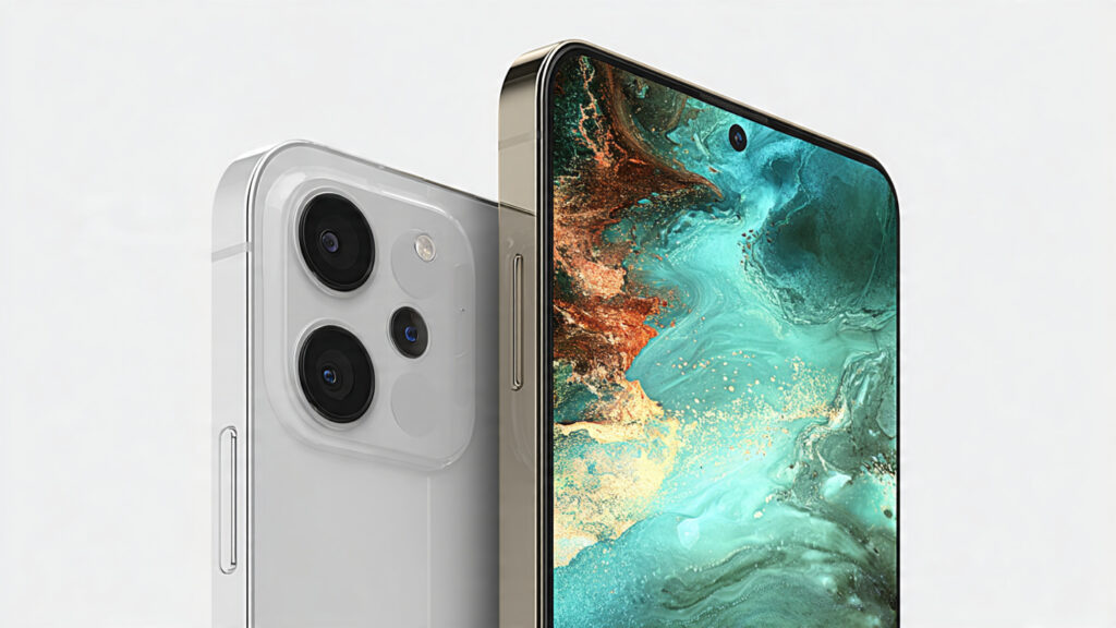 Text-free side-by-side image of iPhone 16 and Samsung Galaxy S25 showing front and back views, emphasizing display size, camera modules, and premium design.