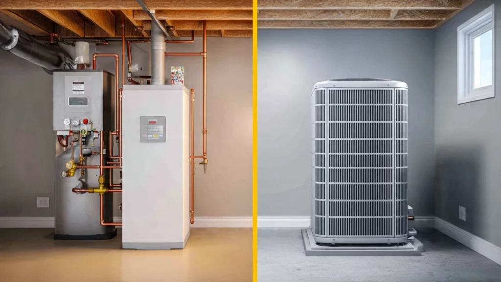 Furnace vs heat pump comparison showing two heating systems to choose the best option by climate in the USA.