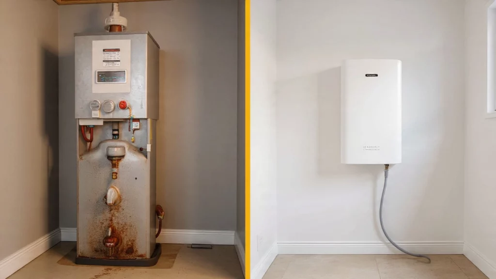 When to replace your water heater showing old tank unit versus modern tankless system for cost and upgrade comparison.