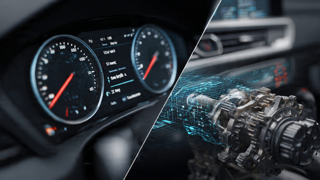 Text-free split image showing a modern digital car dashboard fading on one side and a durable engine block on the other, representing fast-aging technology versus long-lasting mechanical parts.
